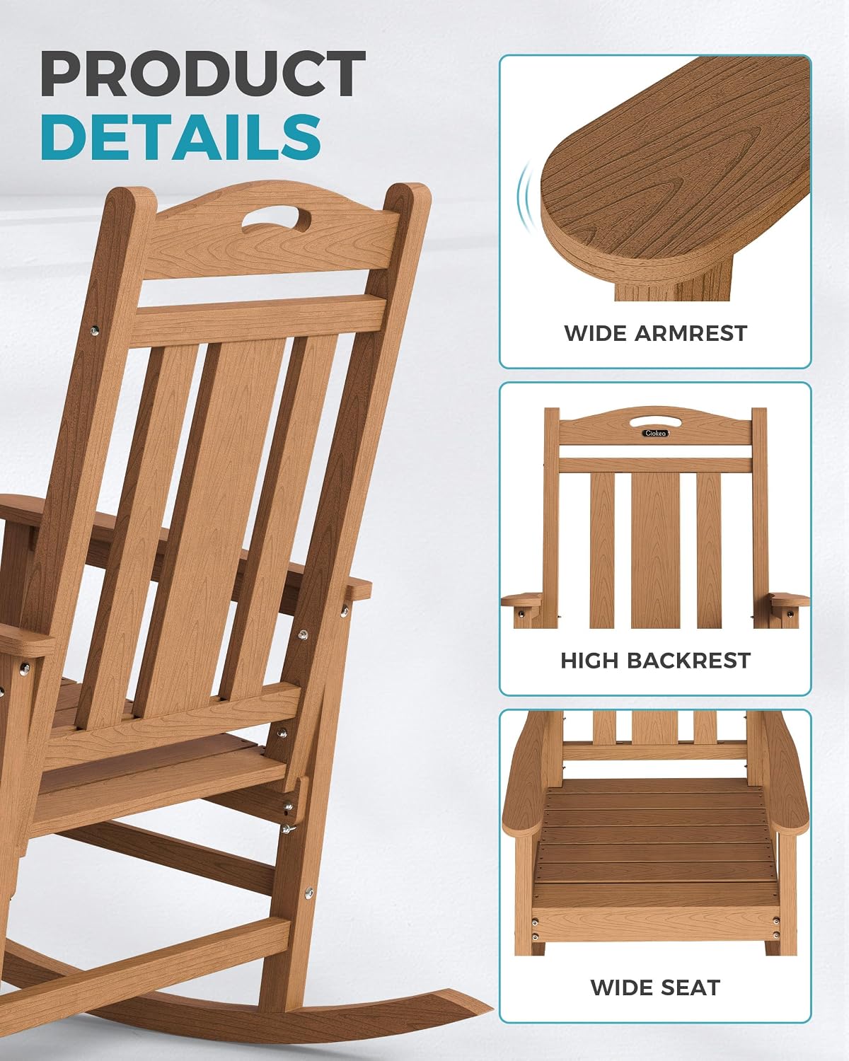 Ciokea Oversized Outdoor Rocking Chairs Set of 6, 380lbs Heavy-Duty Large Patio Rocker, High Back Cozy Porch Chairs, Weather Resistant Patio Rocking Chairs for Outside, Fire Pit, Deck, Teak