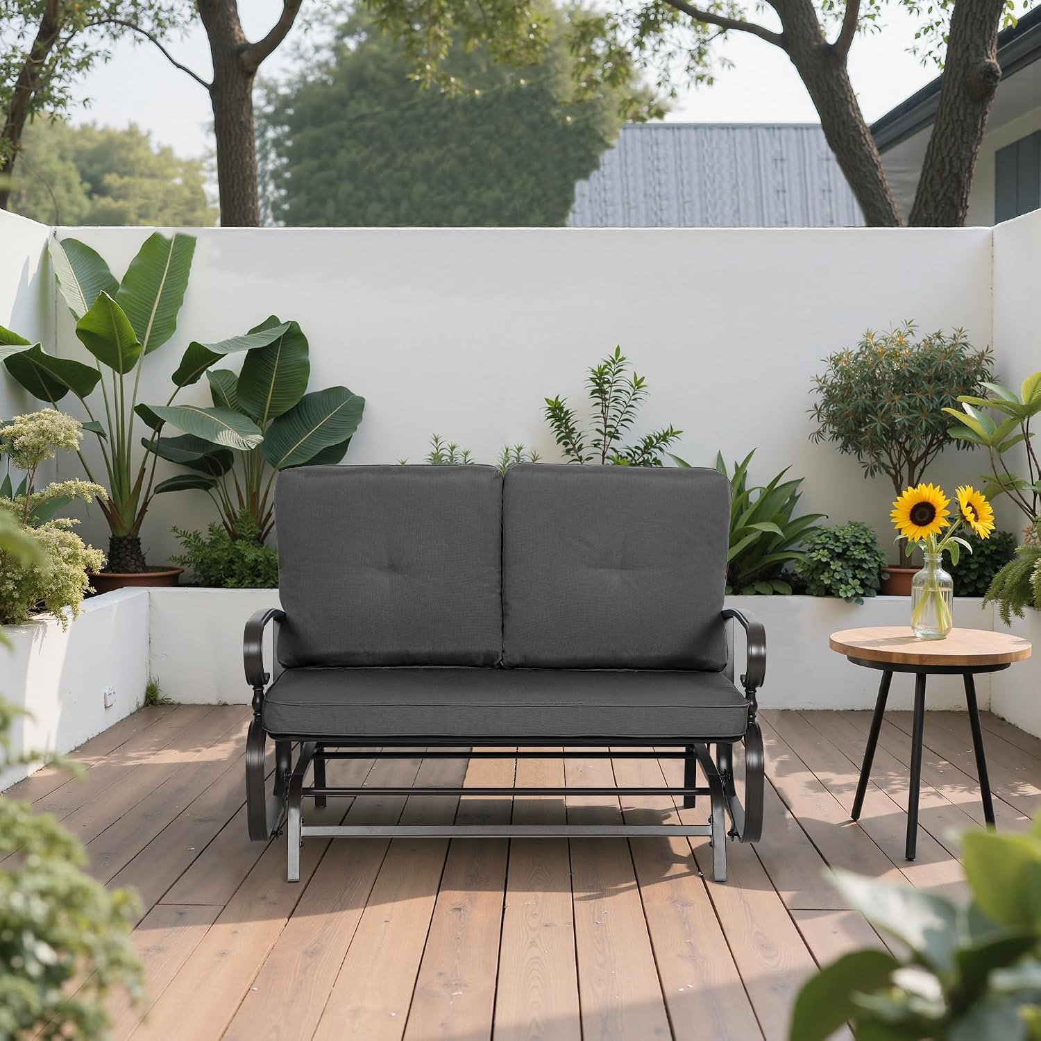 Outdoor Bench Patio Swing Glider Loveseat 2 Seats Rocking Chair, Wrought Iron Gliders for Outside Patio with Cushion (Grey)