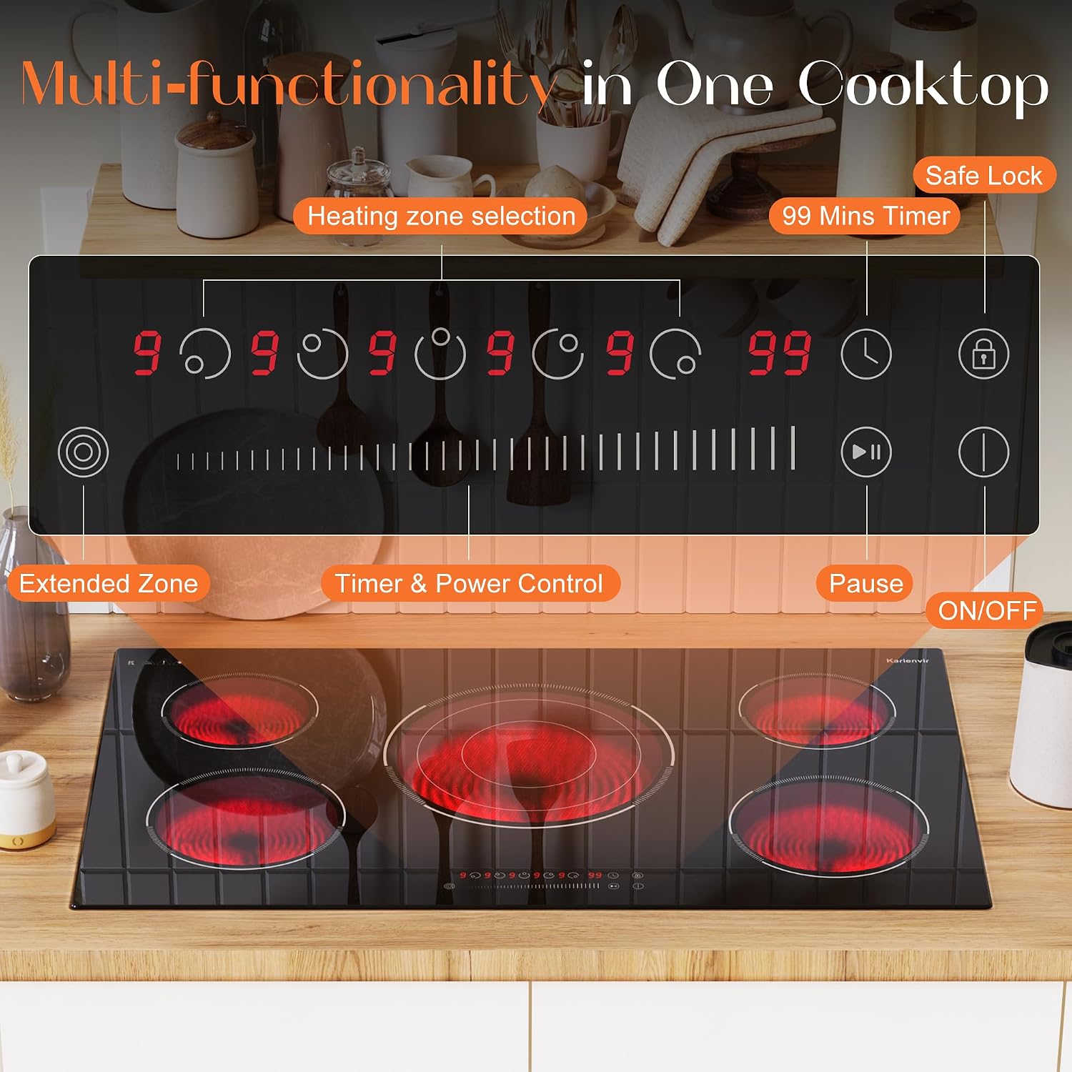 36 Inch Electric Cooktop, 5 Burner Electric Cooktop Bulit in, 9200W, 9 Power Levels, Electrics Stove with Timer, Safety Lock, Pause, 220V-240V Hard Wire