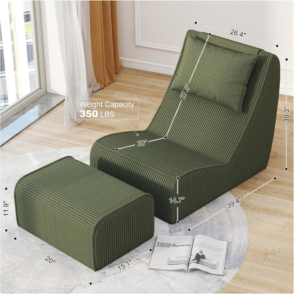 Giant Bean Bag Chair for Adults,Corduroy Chaise Lounge with Unrivaled Back Support, Detachable Neck Pillow, Comfortable Ottoman & Washable Cover for Living Room, Bedroom, Garden (Olive Green)