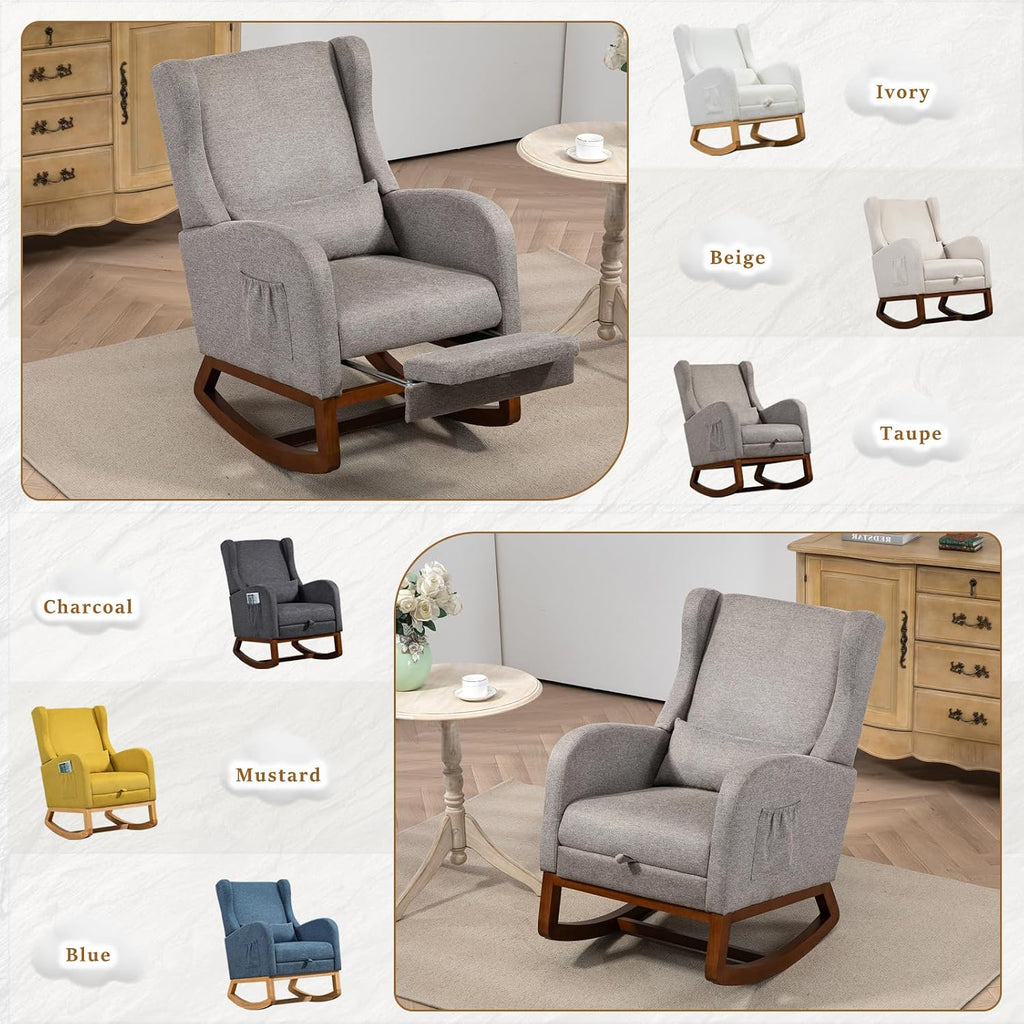 Modern Rocking Chair Nursery Glider, Comfy Rocker Nursery Chair with Foot Rest, Accent Reading Armchair with Pillow and Pocket, Upholstered Lounge Rocker with Solid Wood Base for Relaxing (Taupe)