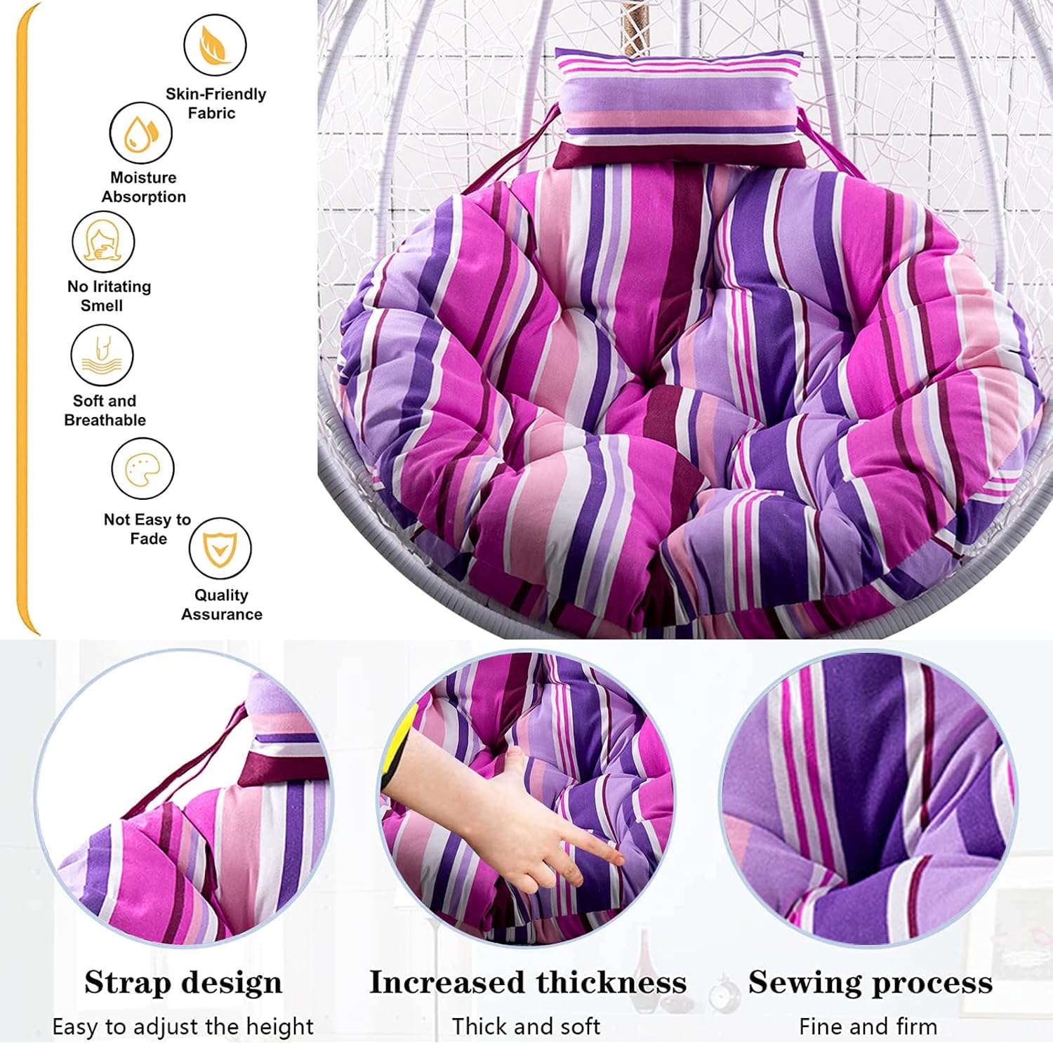 Papasan Chair Cushion Thick Comfortable and Oversized Egg Rocking Chair Cushion Round Indoor Hanging Egg Chair Cushions Swing Chair Cushion Without Chair (E 120cm/47.24in)