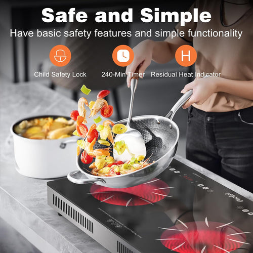 2 Burner Electric Cooktop - 24 Inch(22.2'x 13.1') Portable Electric Stove Top 110V, 2000W Countertop Two Burner Stove, Child Lock, Timer, Touch and Knob Control, 110V Plug in