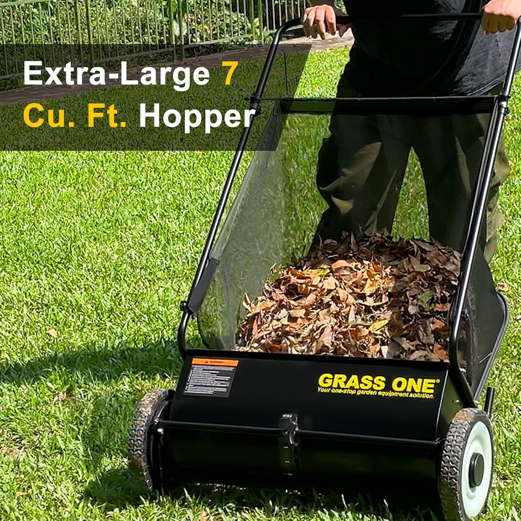 26 Inch Push Lawn Sweeper, Leaf and Grass Collector with 7 Cu.Ft Mesh Bag, 4 Spinning PP Brushes, Durable Steel Construction, Adjustable Height & Rubber Tires for Yard Cleanup