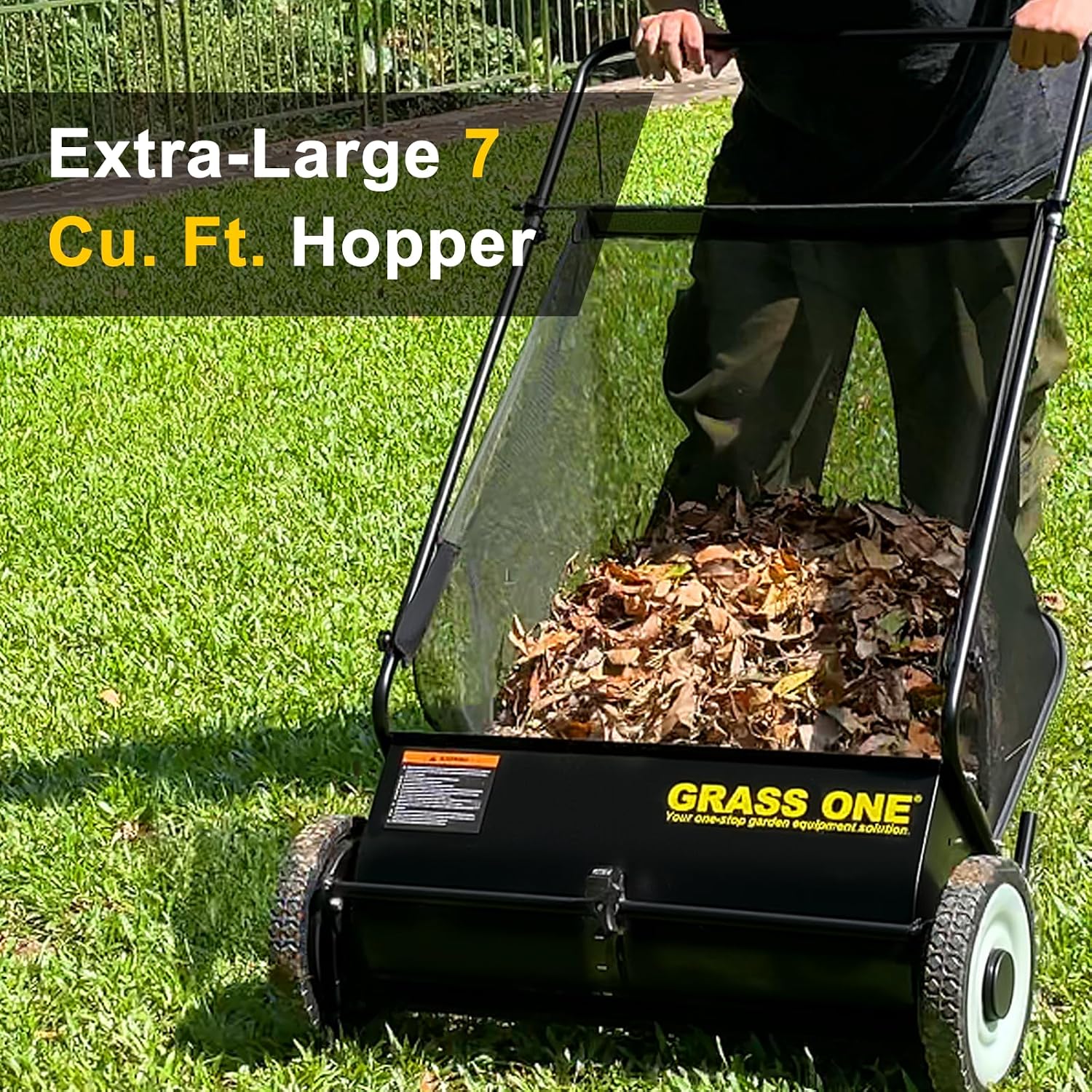 26 Inch Push Lawn Sweeper, Leaf and Grass Collector with 7 Cu.Ft Mesh Bag, 4 Spinning PP Brushes, Durable Steel Construction, Adjustable Height & Rubber Tires for Yard Cleanup