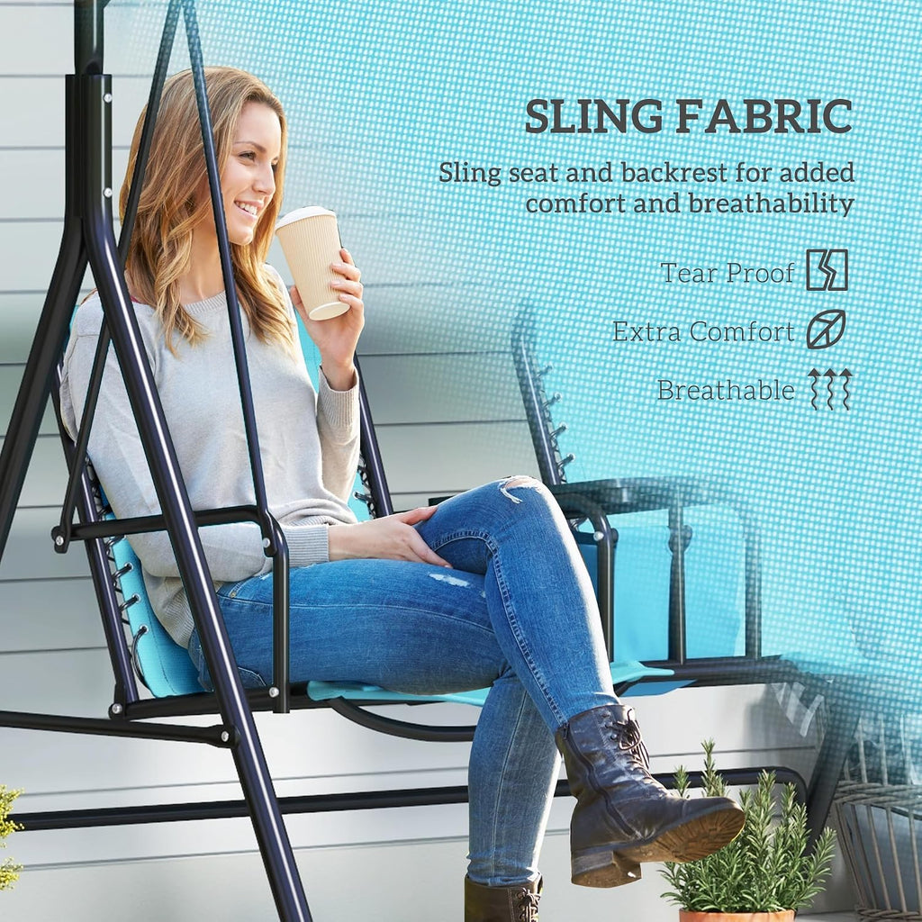 Outsunny 2-Seat Patio Swing Chair, Outdoor Canopy Swing Glider with Pivot Storage Table, Cup Holder, Adjustable Shade, Bungie Seat Suspension and Weather Resistant Steel Frame, Blue