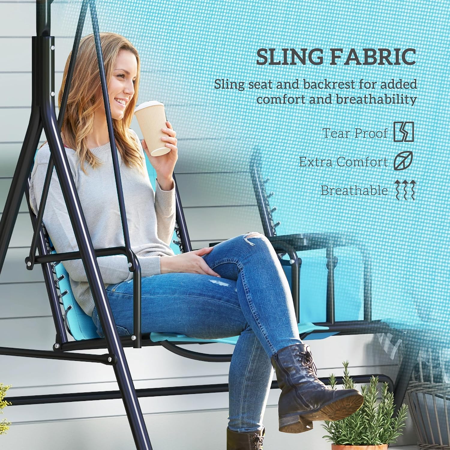 Outsunny 2-Seat Patio Swing Chair, Outdoor Canopy Swing Glider with Pivot Storage Table, Cup Holder, Adjustable Shade, Bungie Seat Suspension and Weather Resistant Steel Frame, Blue