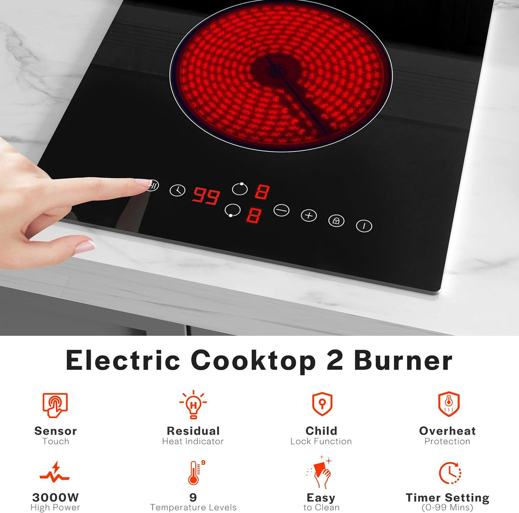 Empava 3000W Electric Cooktop 2 Burner, Built in Infrared Electrical Stove Top for Kitchen, 208~240V Hard Wired, No Plug, ETL Certified, Black