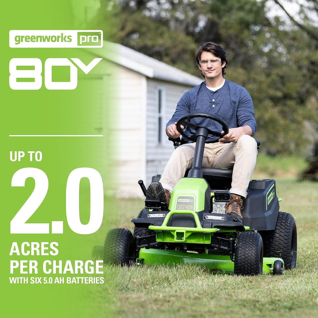Greenworks PRO 80V 42' Electric Lawn Tractor, Riding Lawn Mower with (6) 5.0Ah Batteries and (3) Dual Port Turbo Chargers Included