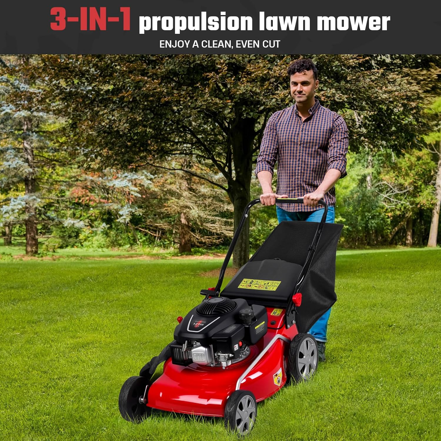 131cc Self Propelled Lawn Mower, 3-in-1 Gas Powered Push Mower with 50L Grass Bag, 20-inch Cutting Deck, Big Wheels for Yard Lawn Care, Mulching, Bagging & Side Discharge