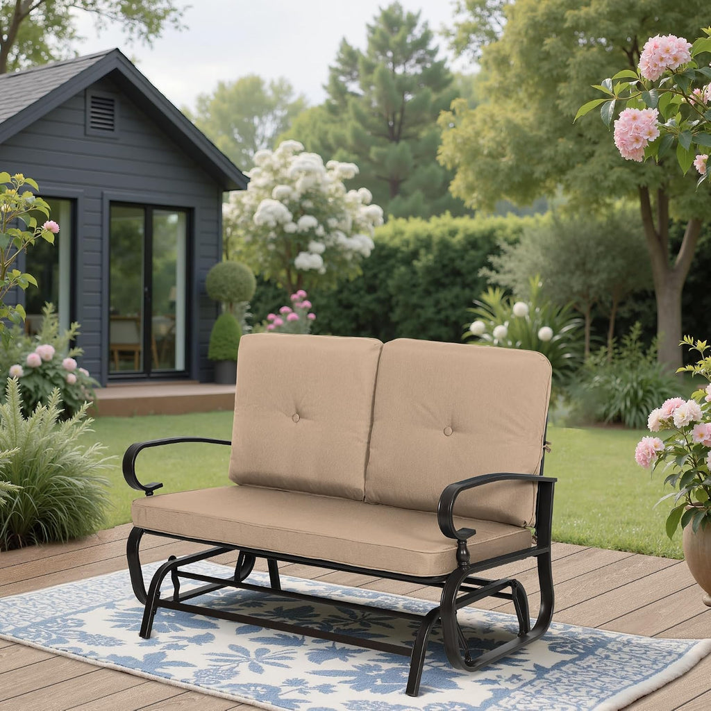 Outdoor Bench Patio Swing Glider Loveseat 2 Seats Rocking Chair, Wrought Iron Gliders for Outside Patio with Cushion (Brown)