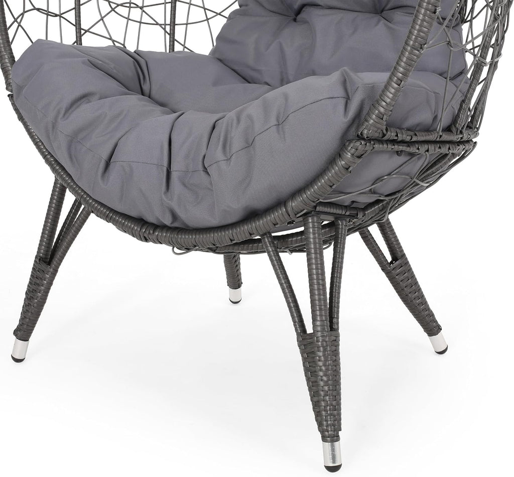 Wicker Egg Chair, Wicker Lounge Chair with Water Resistant Cushion, Indoor Outdoor Lounger for Patio, Backyard, Living Room (Dark Gray)