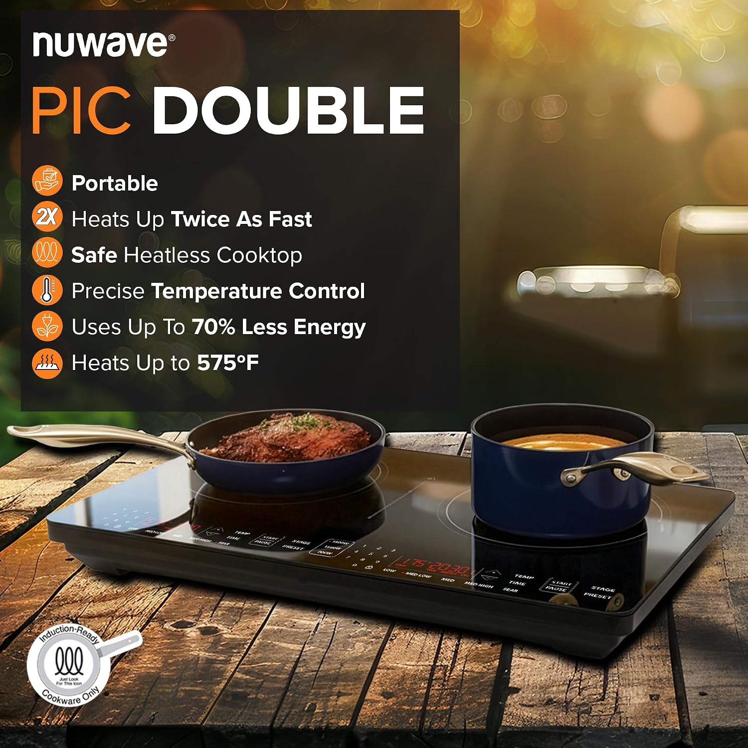 Nuwave Double Pro Cooktop Induction Countertop Burner, Portable, 900/1500/1800W with Dynamic Watt Technology, 50°F to 575°F, 8' Heating Coil, Shatter-Proof Ceramic Glass, Seamless IMD Touch Panel