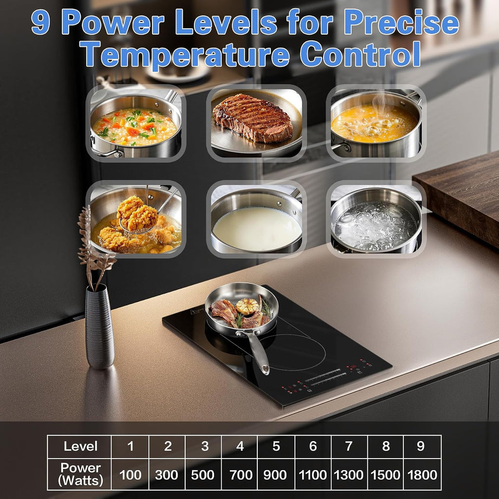 12 Inch Induction Cooktop 2 Burners, 120V 1800W Electric Stove with Bridge Function & 9 Power Levels, Built-in/Countertop Induction Burner for Kitchen, RV, Outdoor Camping