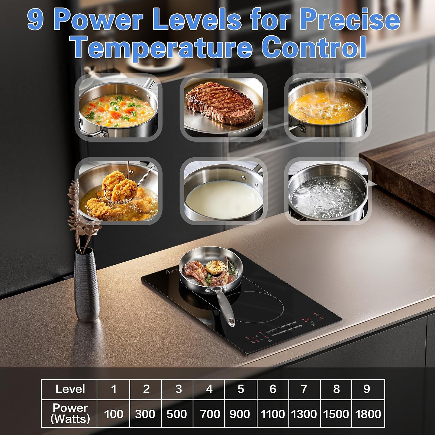 12 Inch Induction Cooktop 2 Burners, 120V 1800W Electric Stove with Bridge Function & 9 Power Levels, Built-in/Countertop Induction Burner for Kitchen, RV, Outdoor Camping