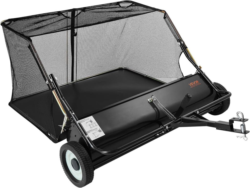 VEVOR Tow Behind Lawn Sweeper, 48 in Pull Behind Yard Sweeper, 26 cu. ft Hopper Bag Capacity, Leaf & Grass Collector with Dumping Rope, Adjustable Sweeping Height, Garden Sweepers for Lawn Farm