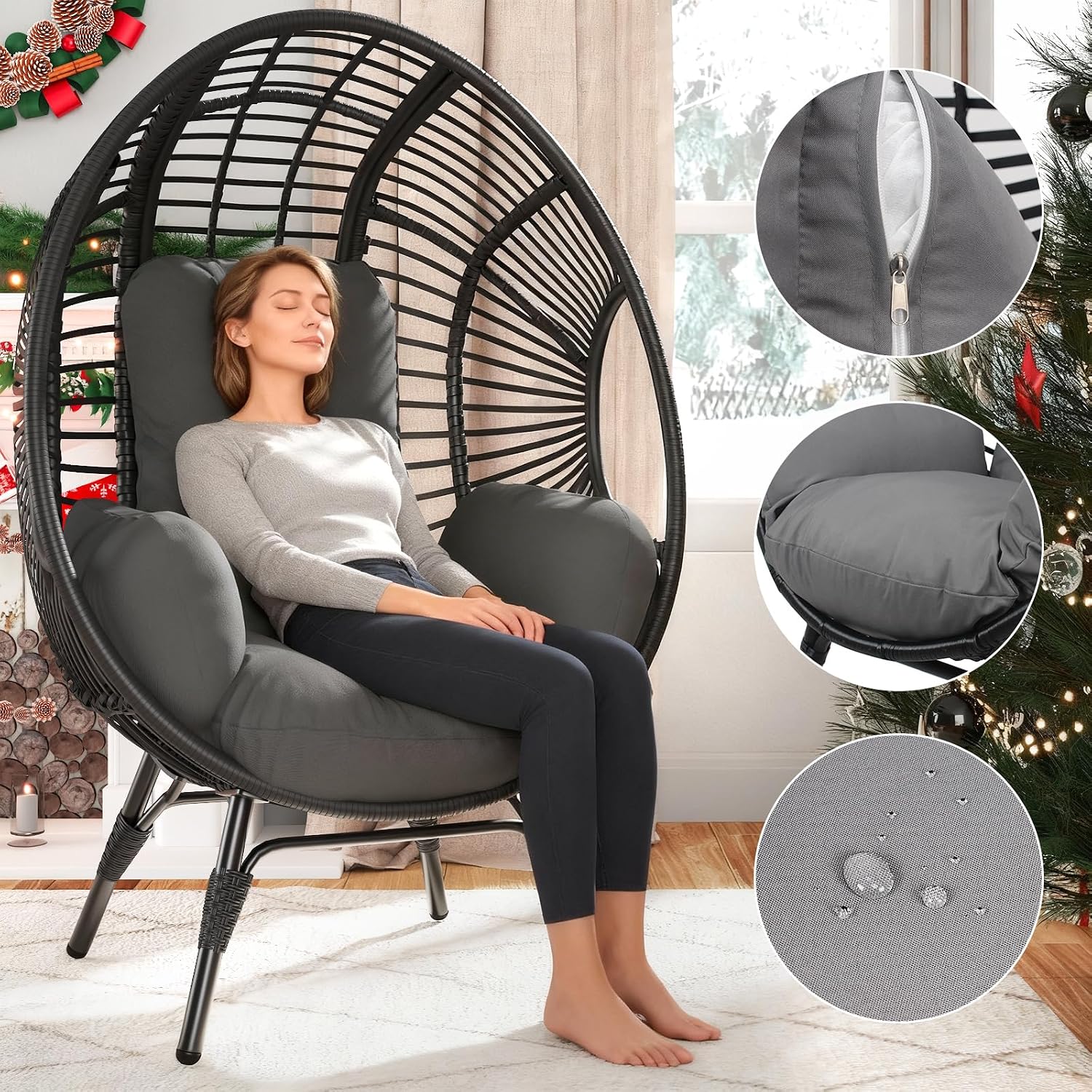 Oversized Wicker Egg Chair, Outdoor Indoor Rattan Patio Egg Lounge Chairs with Cushion 500lbs Capacity for Living Room, Balcony, Backyard(Black)