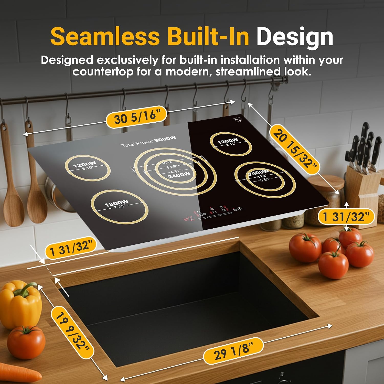 K&H 5 Burner Electric Cooktop - 30 Inch Built-In Radiant Ceramic Stove Top - 9 Power Levels & Touch Control, Compatible with All Cookware, 240V, 9000W High-Power Built-in Electric Stove, CE30-8808NF