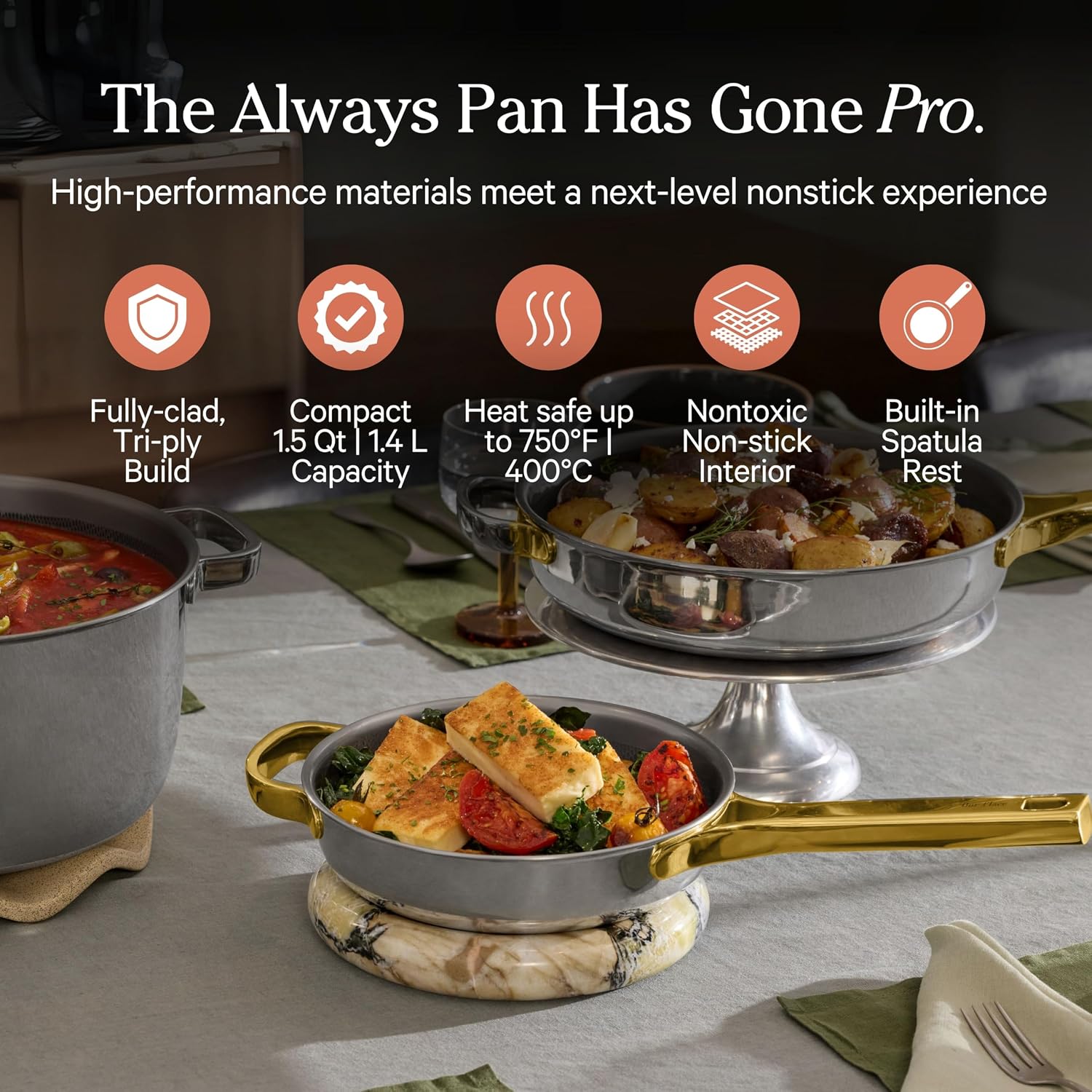 Our Place Titanium Always Pan Pro - 10.6' (2.8 Qt) No-Coating Nonstick Skillet | Tri-Ply Titanium & Stainless Steel | Safe for Oven, Induction & All Cooktops up to 750°F | Includes Spatula | Gold