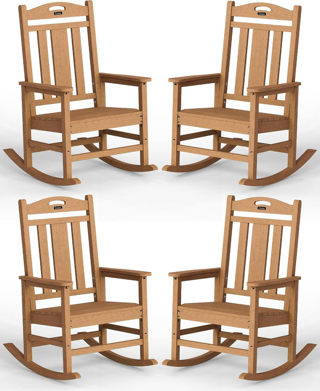 Ciokea Oversized Outdoor Rocking Chairs Set of 4, 380lbs Heavy-Duty Large Patio Rocker, High Back Cozy Porch Chairs, Weather Resistant Patio Rocking Chairs for Outside, Fire Pit, Deck, Teak
