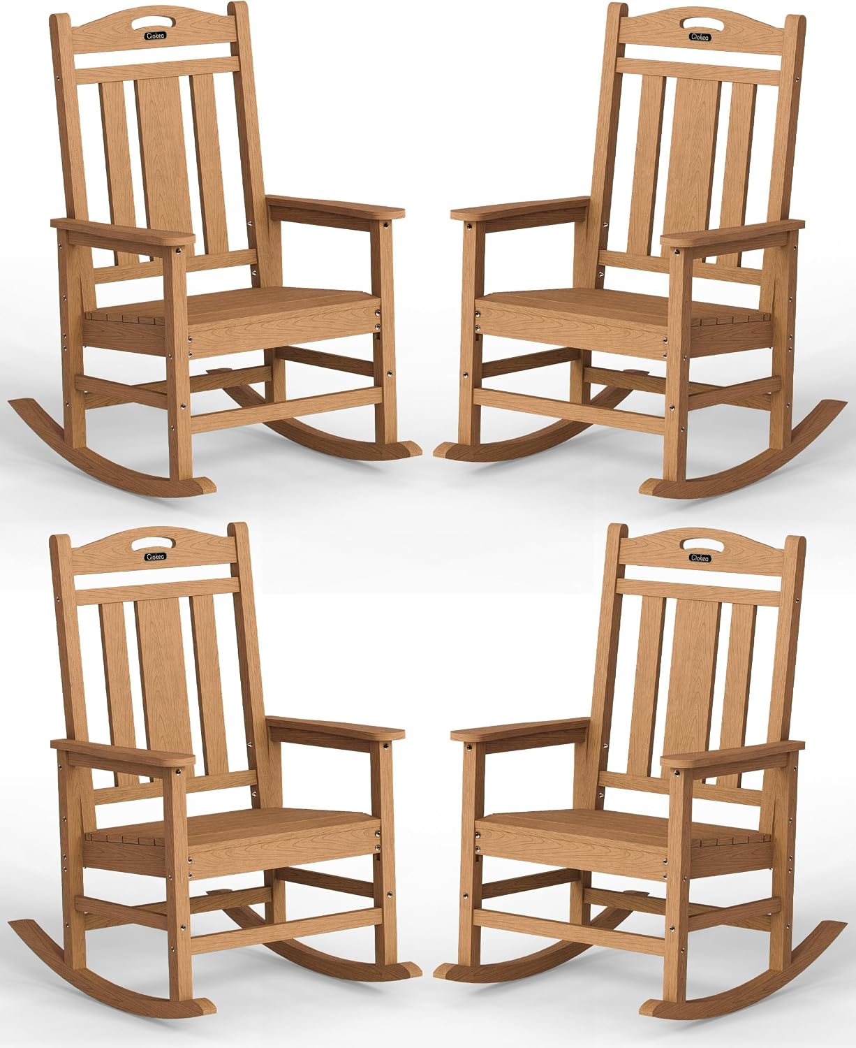 Ciokea Oversized Outdoor Rocking Chairs Set of 4, 380lbs Heavy-Duty Large Patio Rocker, High Back Cozy Porch Chairs, Weather Resistant Patio Rocking Chairs for Outside, Fire Pit, Deck, Teak