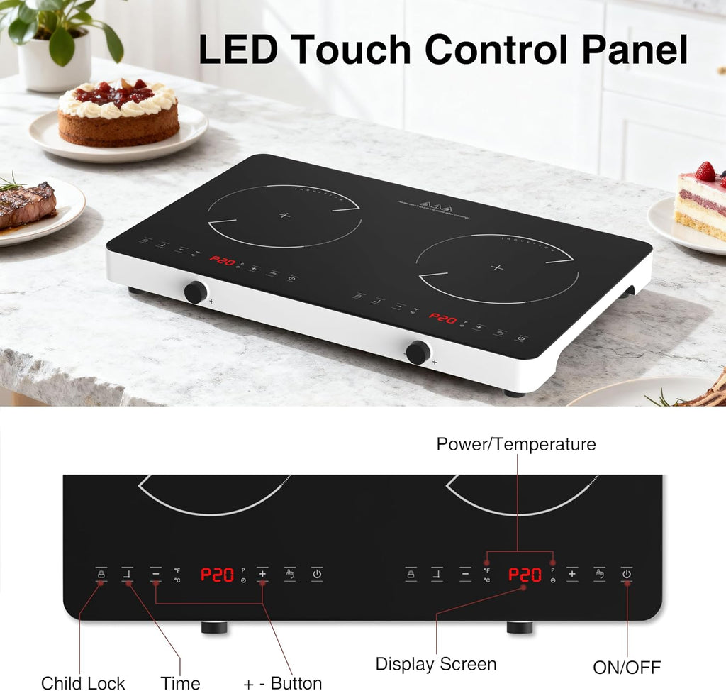 Double Induction Cooktop, 2 Burner Induction Burner 20 Temperature & Power Levels Portable Electric Stove Countertop Burners, Knob Control, Child Safety Lock & 4H Timer, Auto Shut-Off