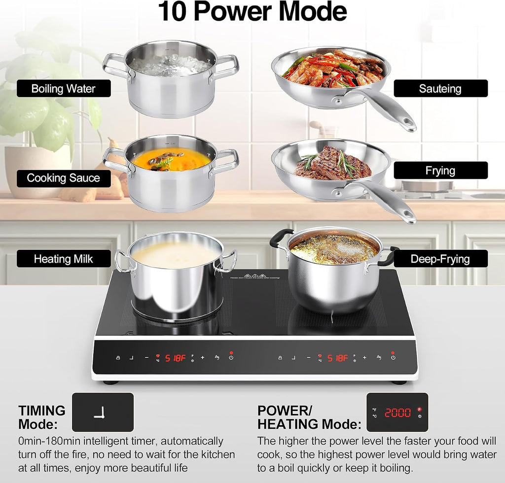 GIHETKUT Double Induction Cooktop, 4000W 2 burner Induction cooktop with LED Touch Screen 10 Levels Settings with Child Safety Lock & Timer 110V Electric burner with hot plate
