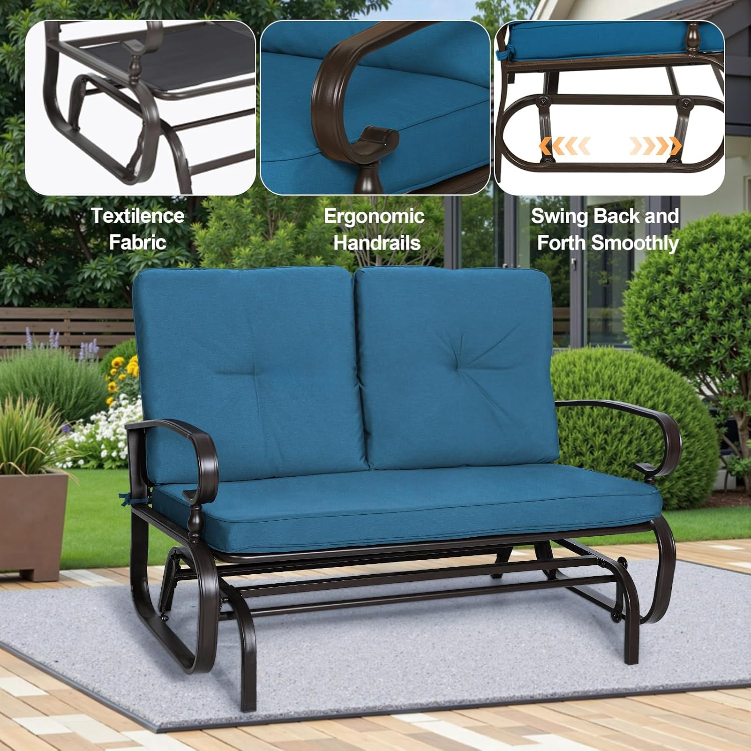 Incbruce Outdoor Swing Glider Rocking Chair Patio Bench for 2 Person, Garden Loveseat Seating Patio Steel Frame Chair Set with Cushion, Peacock Blue
