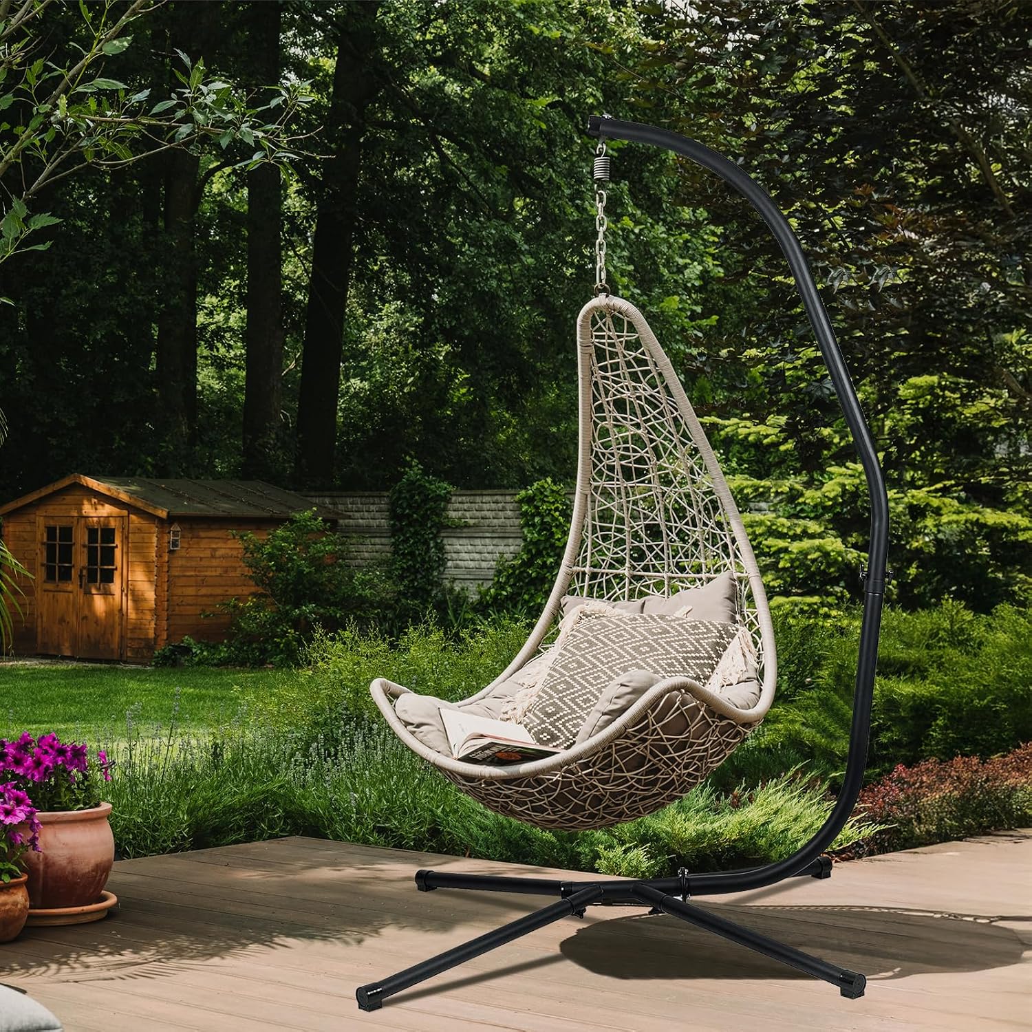 Hammock Chair Stand Only, Heavy Duty Steel C-Stand with Spring Hook, Max Load 300lbs, for Indoor, Outdoor, Black