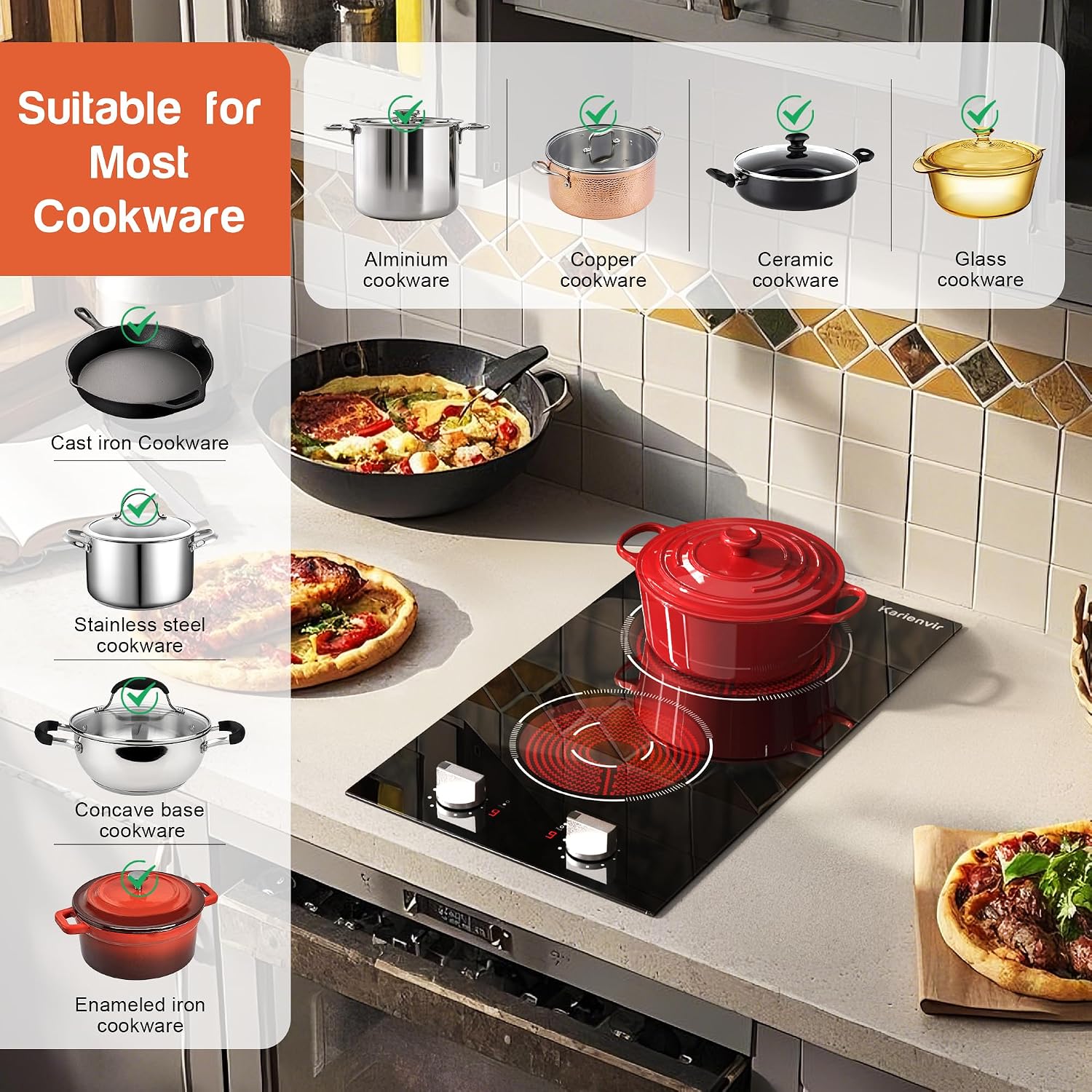 2 Burners Electric Cooktop 2000W, Plug in Electric Stove Top110v, Countertop & Built-in Cook top 12 Inch, 2 Burner Cooktop Knob Control, 9 Power Levels, Grey knob, Karienvir