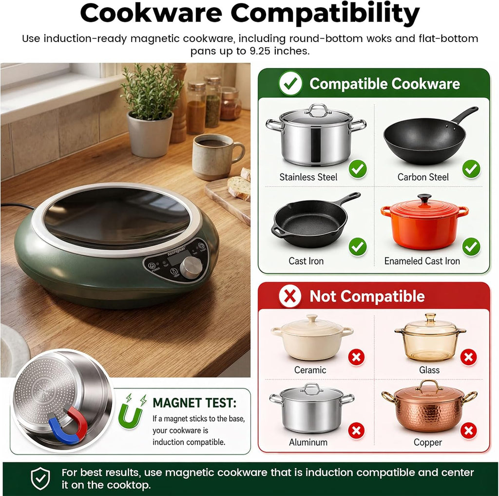 1700W 120V Concave Induction Wok Cooktop with Stainless Steel Wok, Non-Pulse Continuous Heating, 16 Power Levels, Portable Countertop Burner for Round-Bottom Woks & Stir-Fry Cooking