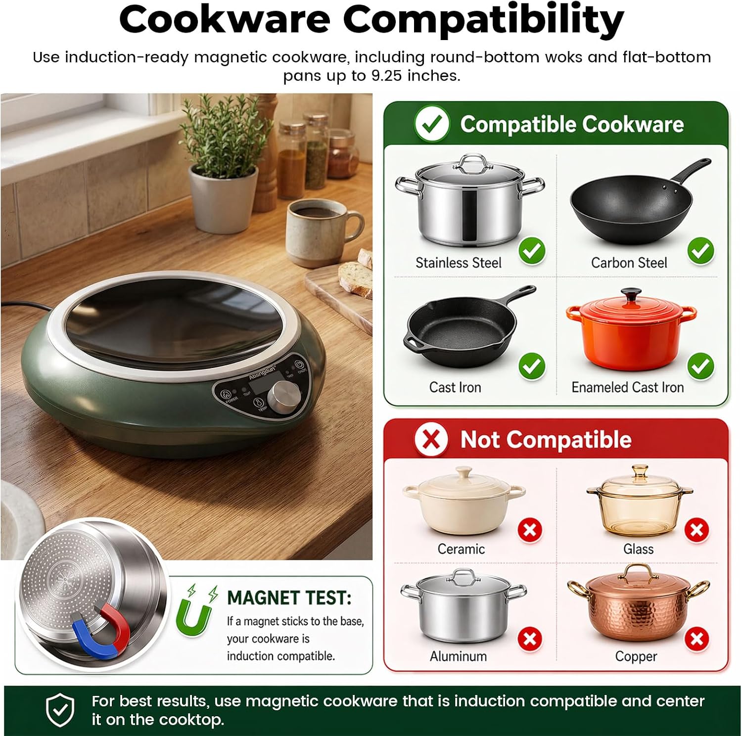 1700W Concave Induction Wok Cooktop,9.25-Inch Coi,Non-Pulse Continuous Heating, Professional Countertop Wok Burner Stove for Stir Fry Cooking