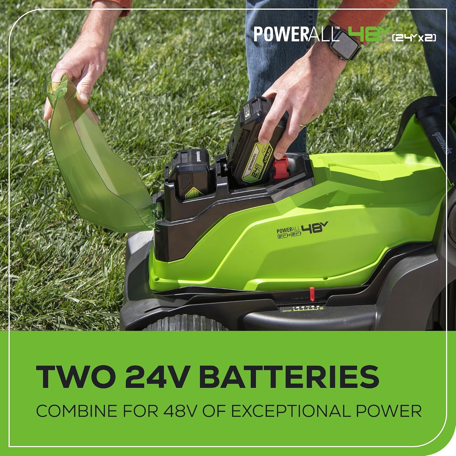 Greenworks 48V (24V x 2) 17' Brushless Cordless Push Lawn Mower, Includes (2) 4.0Ah Batteries and Dual Port Rapid Charger((200+ Compatible Tools, 45Min Runtime)