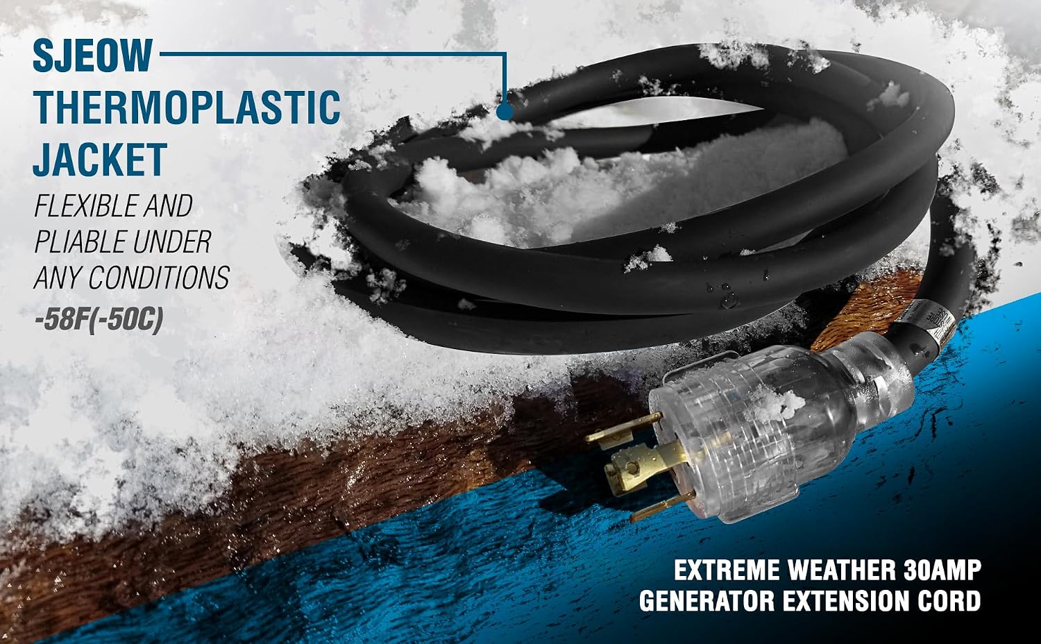 TEMCo 50 ft Extreme Cold Weather L14-30 Generator Extension Cord | 30 Amp 10 Gauge SJEOW with Lighted Plugs | Flexible to -58°F (-50°C) UL Listed - Black