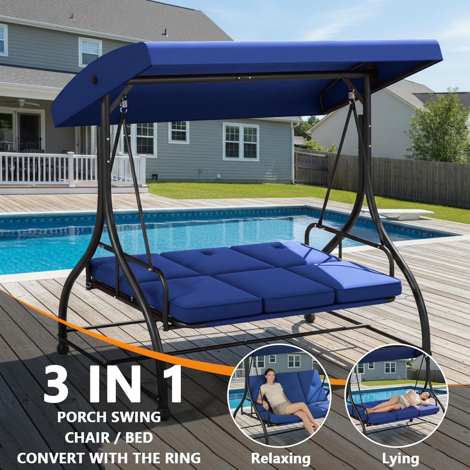 3-Seat Porch Swing Bed with Adjustable Canopy & Removable Cushions, Heavy Duty Steel Frame Outdoor Patio Swings Glider Chair for Backyard, Garden, Deck, Blue