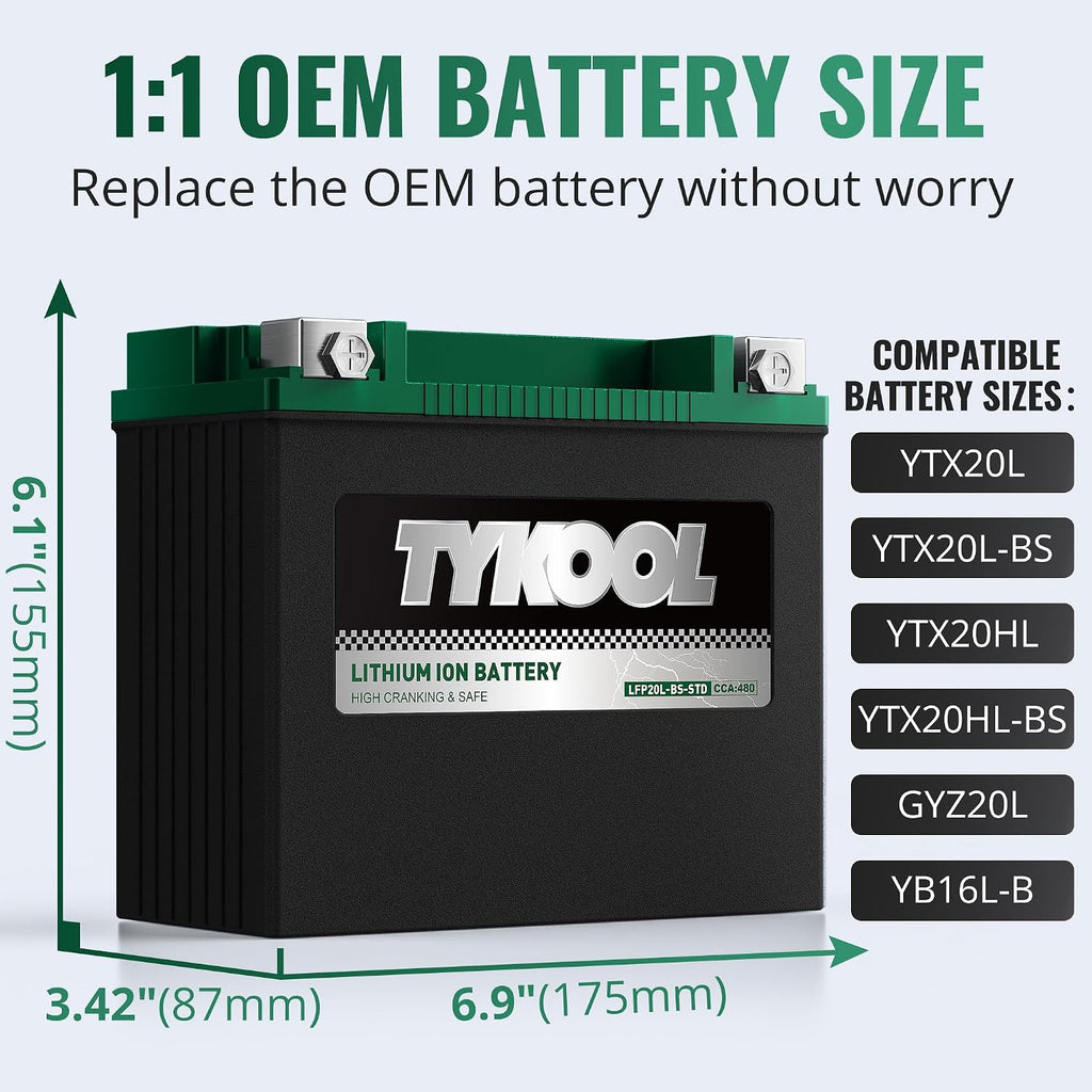 TYKOOL LFP20L-BS-STD Lithium Battery, Replaces YTX20L-BS, 480CCA 8Ah Fits for ATV UTV Motorcycle PWC Snowmobile, Compatible with Polaris Sportsman 570 Ranger 500 Honda TRX680, Digital Readout [- +]