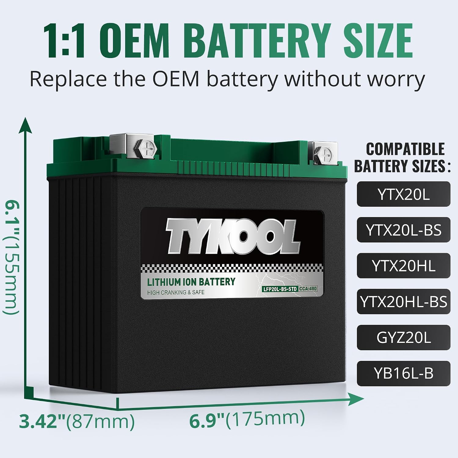 TYKOOL LFP20L-BS-STD Lithium Battery, Replaces YTX20L-BS, 480CCA 8Ah Fits for ATV UTV Motorcycle PWC Snowmobile, Compatible with Polaris Sportsman 570 Ranger 500 Honda TRX680, Digital Readout [- +]