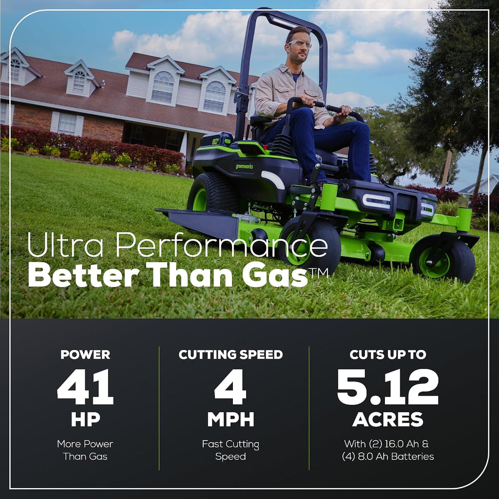 Greenworks 80V 60' Riding Lawn Mower (5.12 Acre, 41 HP Gas Equivalent, 4 MPH, Rear Dump Bed), (2) 16.0Ah + (4) 8.0Ah Batteries (5,120 Wh Max) + Turbo Wall Charger