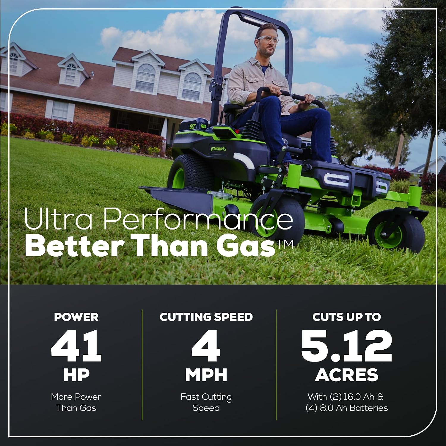 Greenworks 80V 60' Riding Lawn Mower (5.12 Acre, 41 HP Gas Equivalent, 4 MPH, Rear Dump Bed), (2) 16.0Ah + (4) 8.0Ah Batteries (5,120 Wh Max) + Turbo Wall Charger