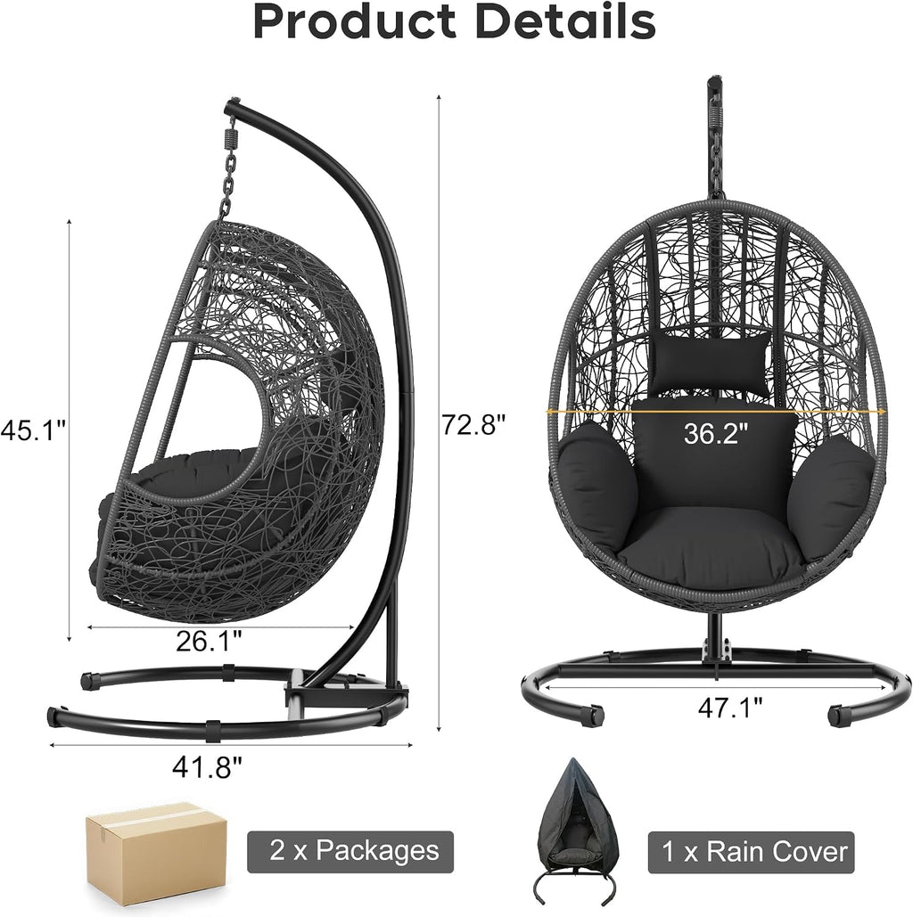 KEIKI Hanging Egg Chair with Stand Outdoor, 400LBS Capacity Patio Swing Chair with Cushion, Weatherproof PE Rattan Hammock Chair for Bedroom Balcony Garden, Waterproof Cover Included, Grey