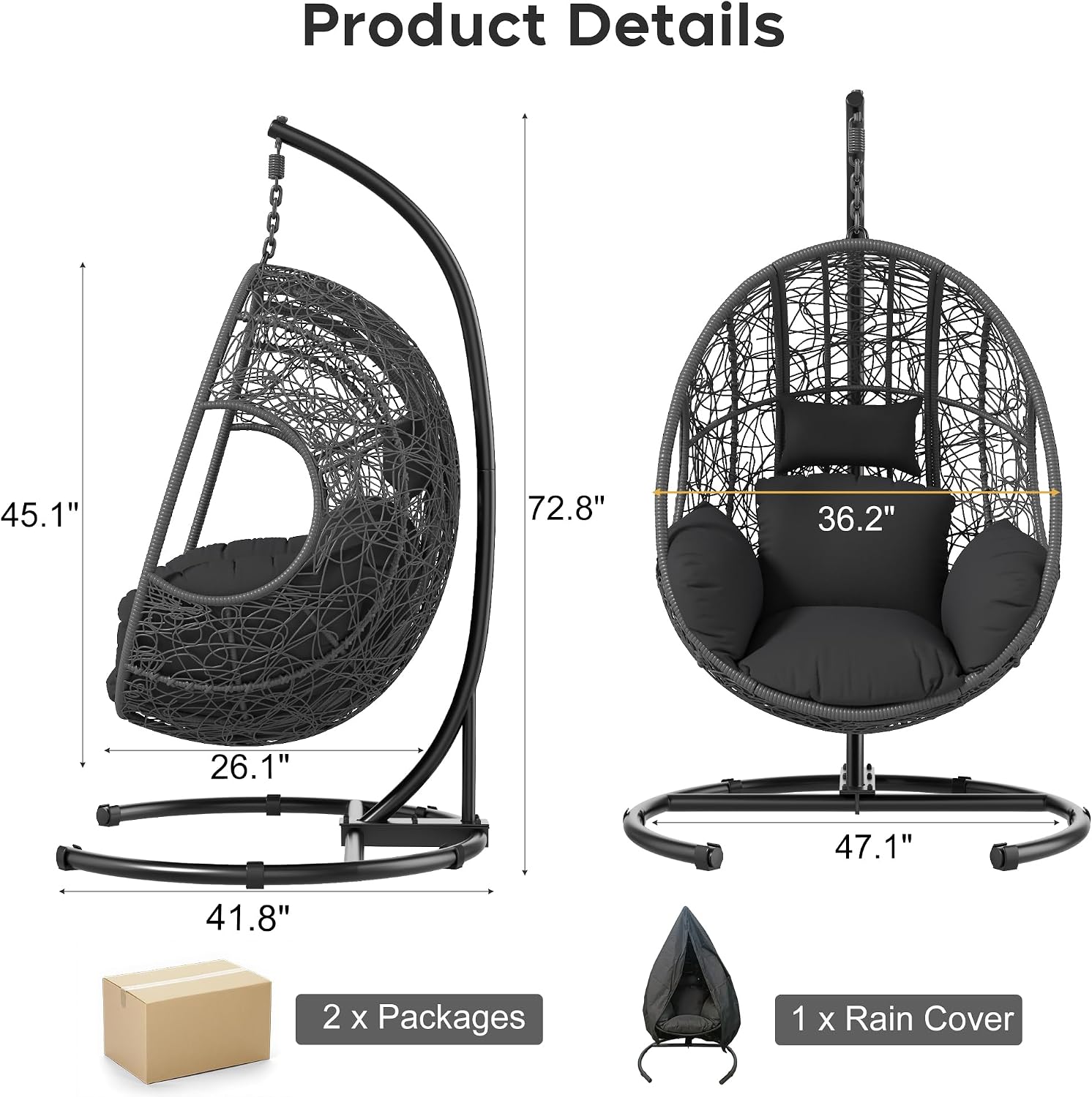 KEIKI Hanging Egg Chair with Stand Outdoor, 400LBS Capacity Patio Swing Chair with Cushion, Weatherproof PE Rattan Hammock Chair for Bedroom Balcony Garden, Waterproof Cover Included, Grey
