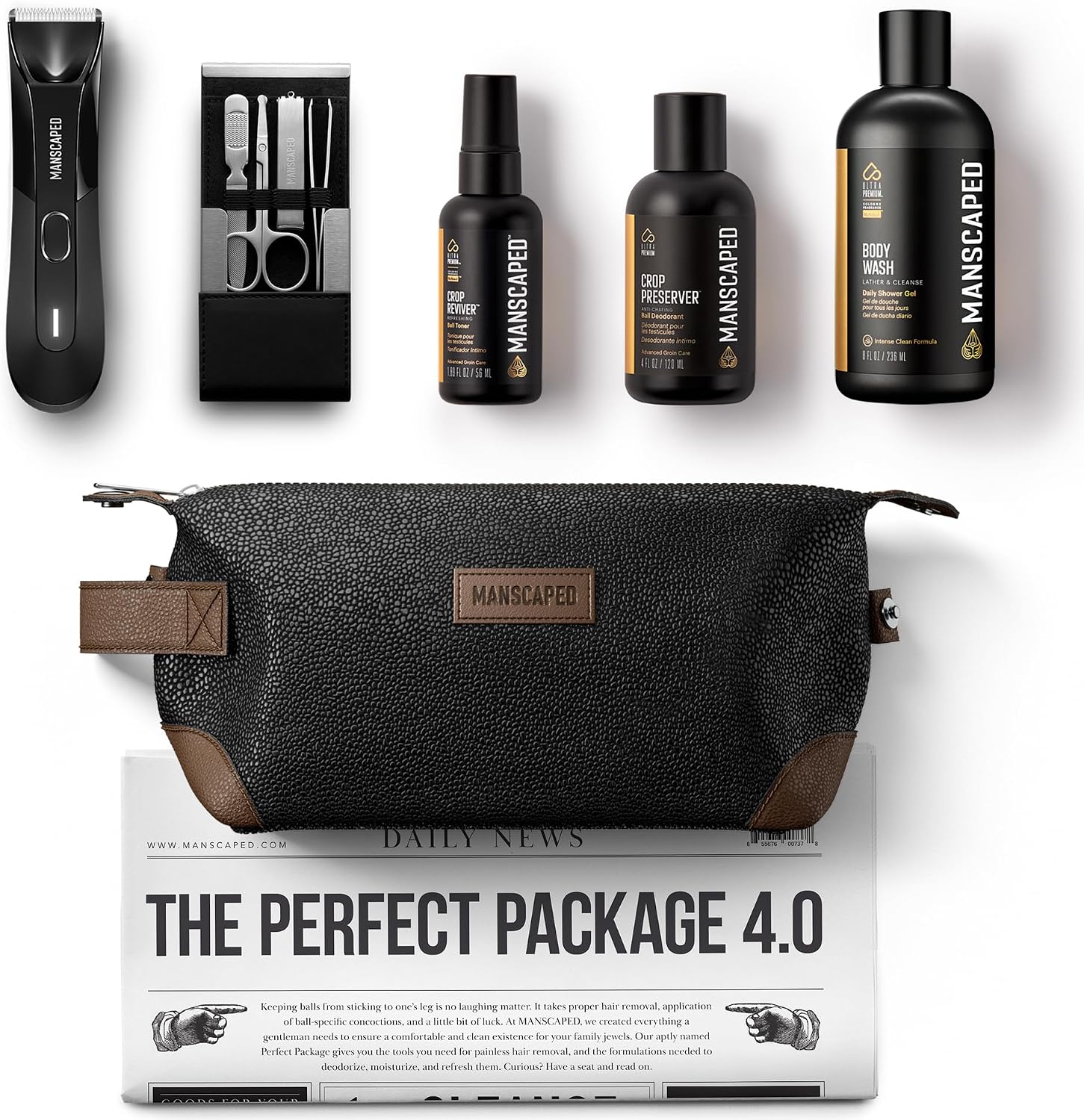 MANSCAPED® Perfect Package 4.0 Kit Contains: The Lawn Mower® 4.0 Electric Trimmer, Ball Deodorant, Body Wash, Performance Spray-on-Body Toner, Four Piece Luxury Nail Kit, Toiletry Bag, 3 Shaving Mats
