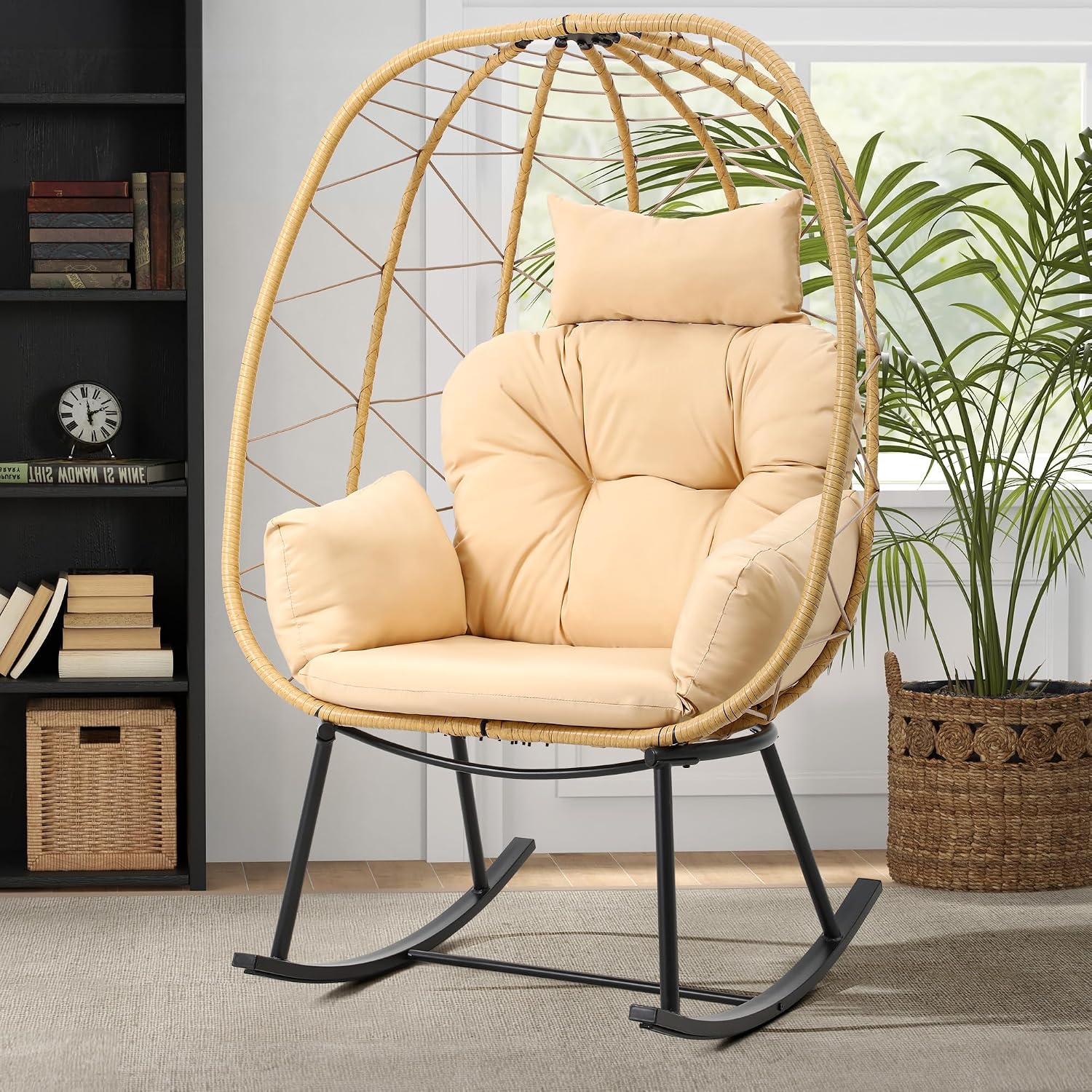 DWVO Wicker Rocking Egg Chair, Oversized Indoor Outdoor Rattan Rocking Chair, Indoor Outdoor Lounger for Patio, Backyard, Living Room, Beige