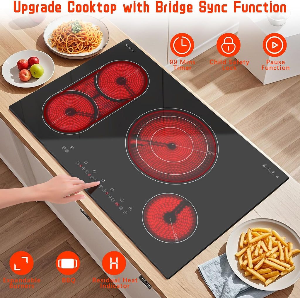 Karinear Electric Cooktop 30 Inch, 4 Burners Electric Stove Top, Flexible Bridge &Triple Ring Expandable Burners, Pause, Timer, Child Safety Lock, 7800W Built-in Ceramic Cooktop for 220-240V Hard Wire