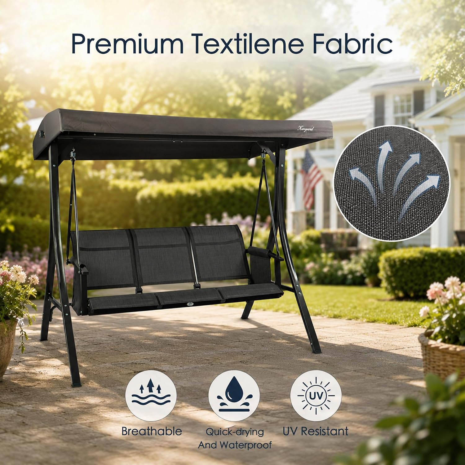 Kozyard Brenda 3-Seat Outdoor Porch Swing Glider, Patio Swing with Adjustable Canopy, Steel Frame, Breathable Textilene Seat & Back, Side Pockets (Gray)
