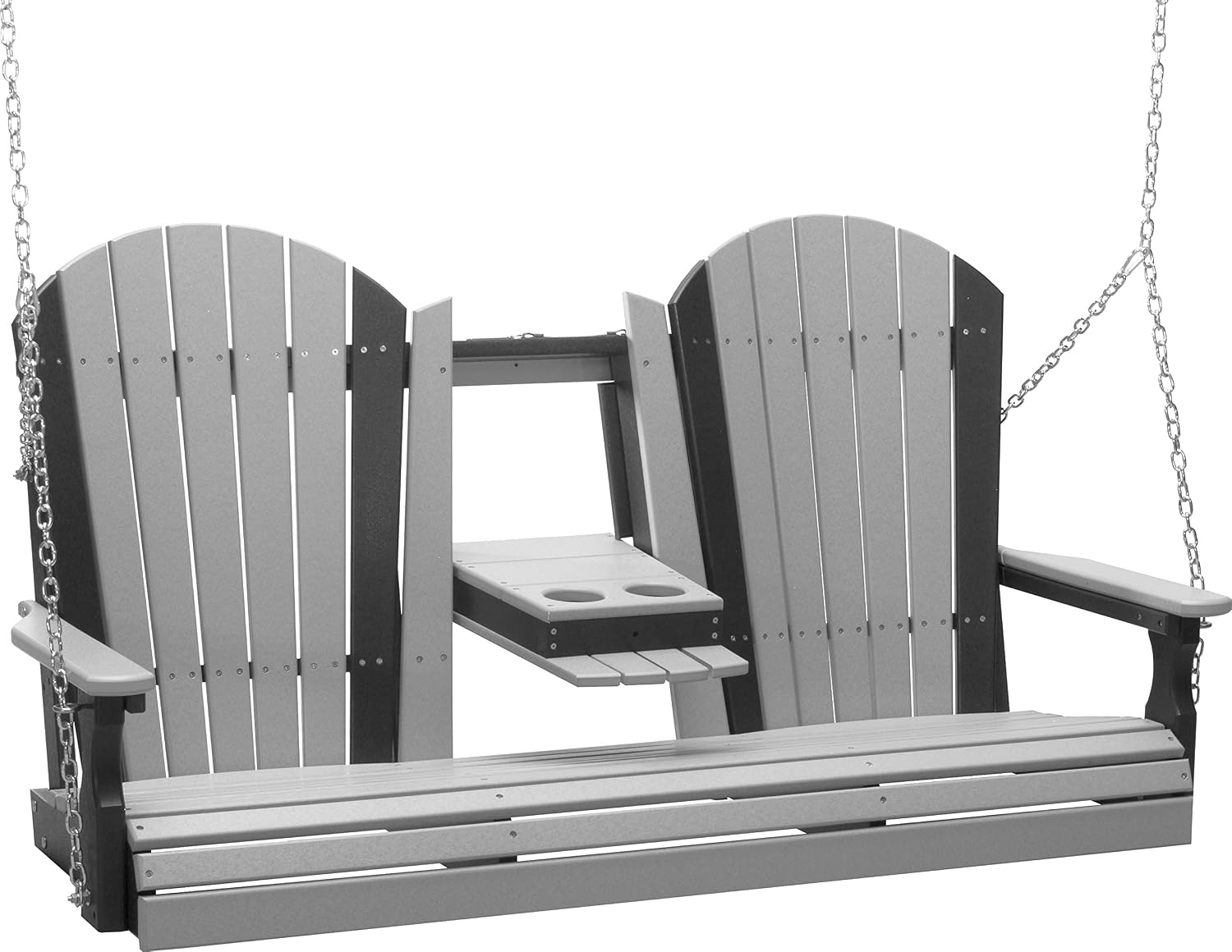 LuxCraft 5' Adirondack Hanging Porch Swing with Flip Down Console, Outdoor Patio Swing, Front Porch Swing, Outdoor Swing Bench (Dove Gray & Black)