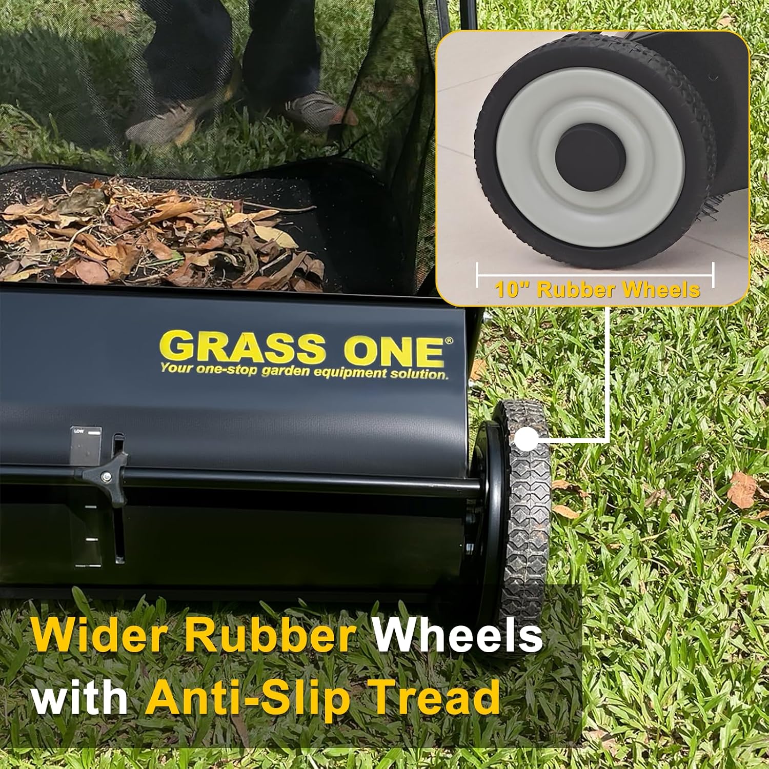26 Inch Push Lawn Sweeper, Leaf and Grass Collector with 7 Cu.Ft Mesh Bag, 4 Spinning PP Brushes, Durable Steel Construction, Adjustable Height & Rubber Tires for Yard Cleanup