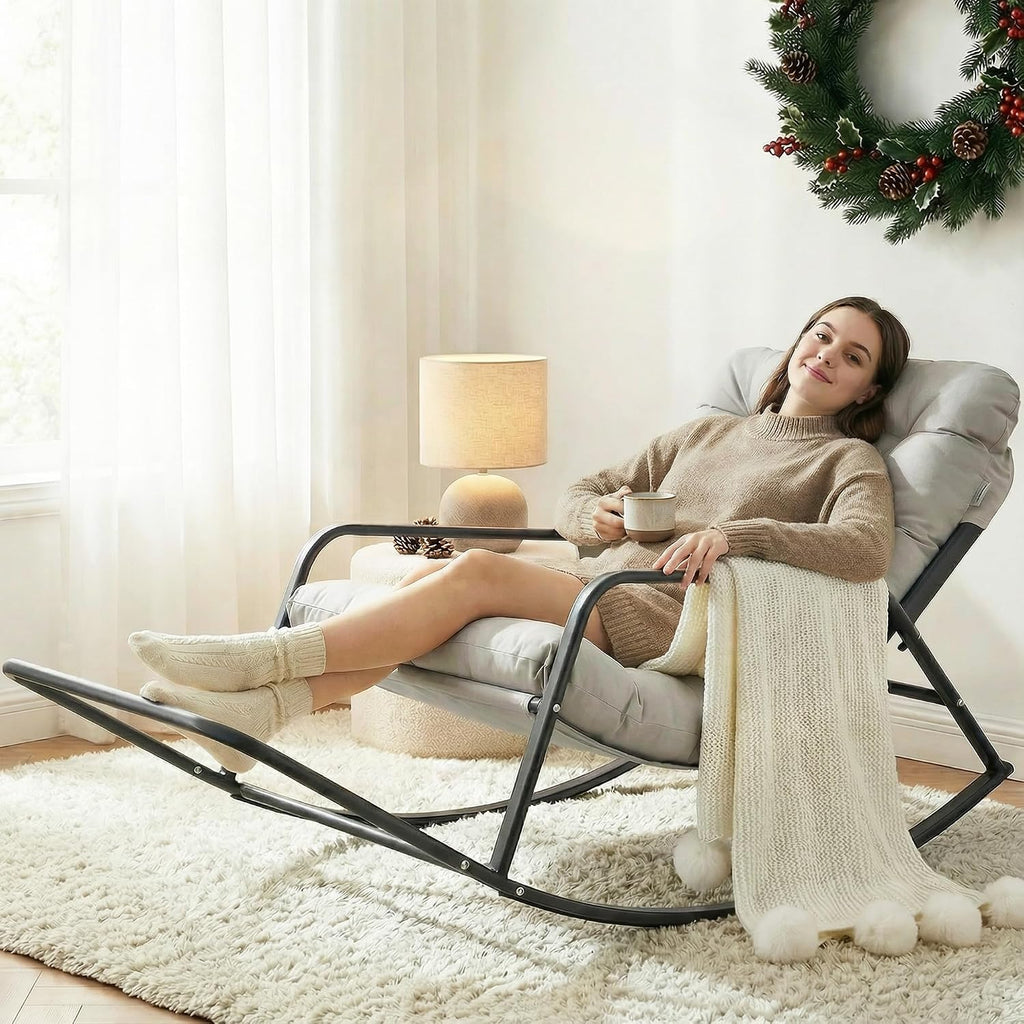 BULEXYARD Grey Oversized Indoor Outdoor Lounge Royal Rocking Chair with Armrest Footrest for Napping Relaxing, Heavy Duty Patio Reclining Papasan Rocker Chair with Padded Cushion for Porch, Sunroom