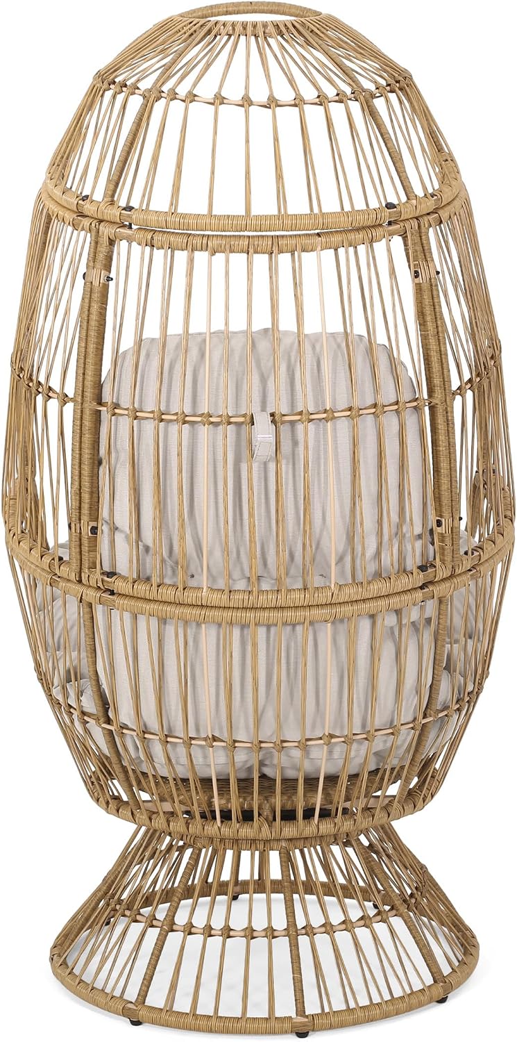 Wicker Egg Chair, Wicker Lounge Chair with Water Resistant Cushion, Indoor Outdoor Lounger for Patio, Backyard, Living Room (Natural)