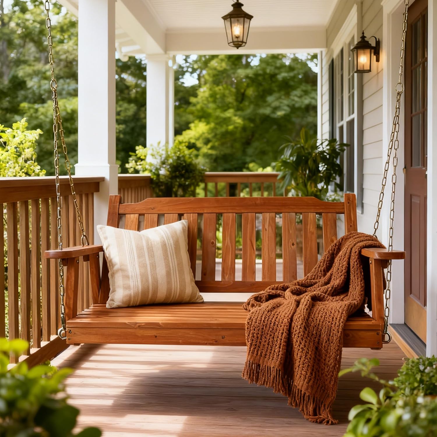 Anraja Wooden Porch Swing 2-Seater Bench Swing with Hanging Chains Heavy Duty 800 LBS for Outdoor Patio Garden Yard, Large 4 Ft, Brown